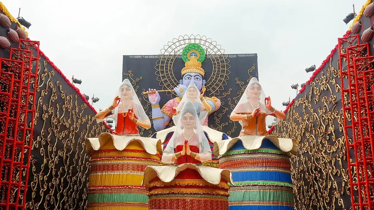 Vibrant decorations at a Durga Puja pandal in Kolkata