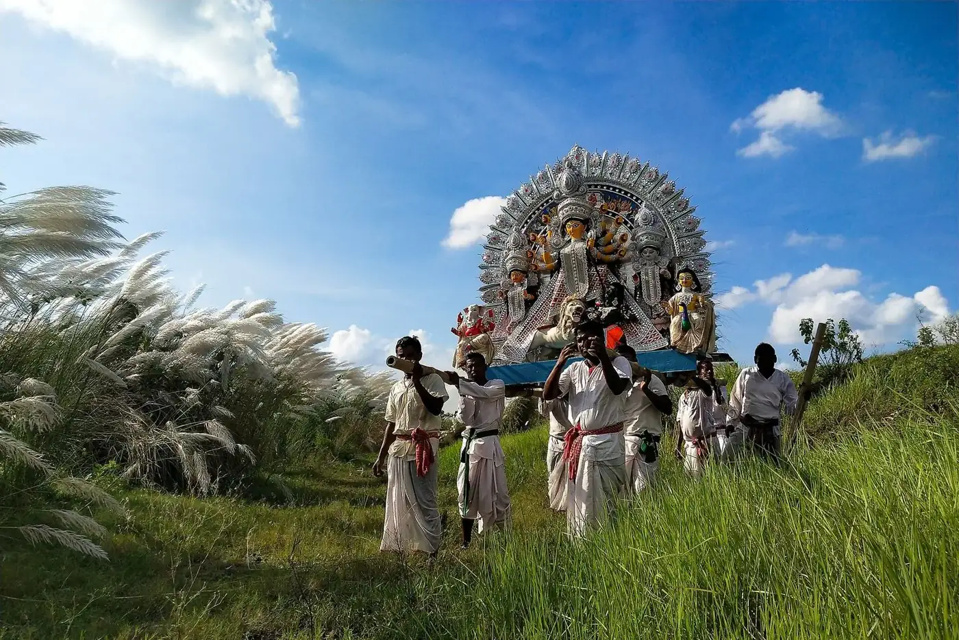 Durga idol arriving through kash fields – pandals near NJP on the Durga Puja pandal map 2026