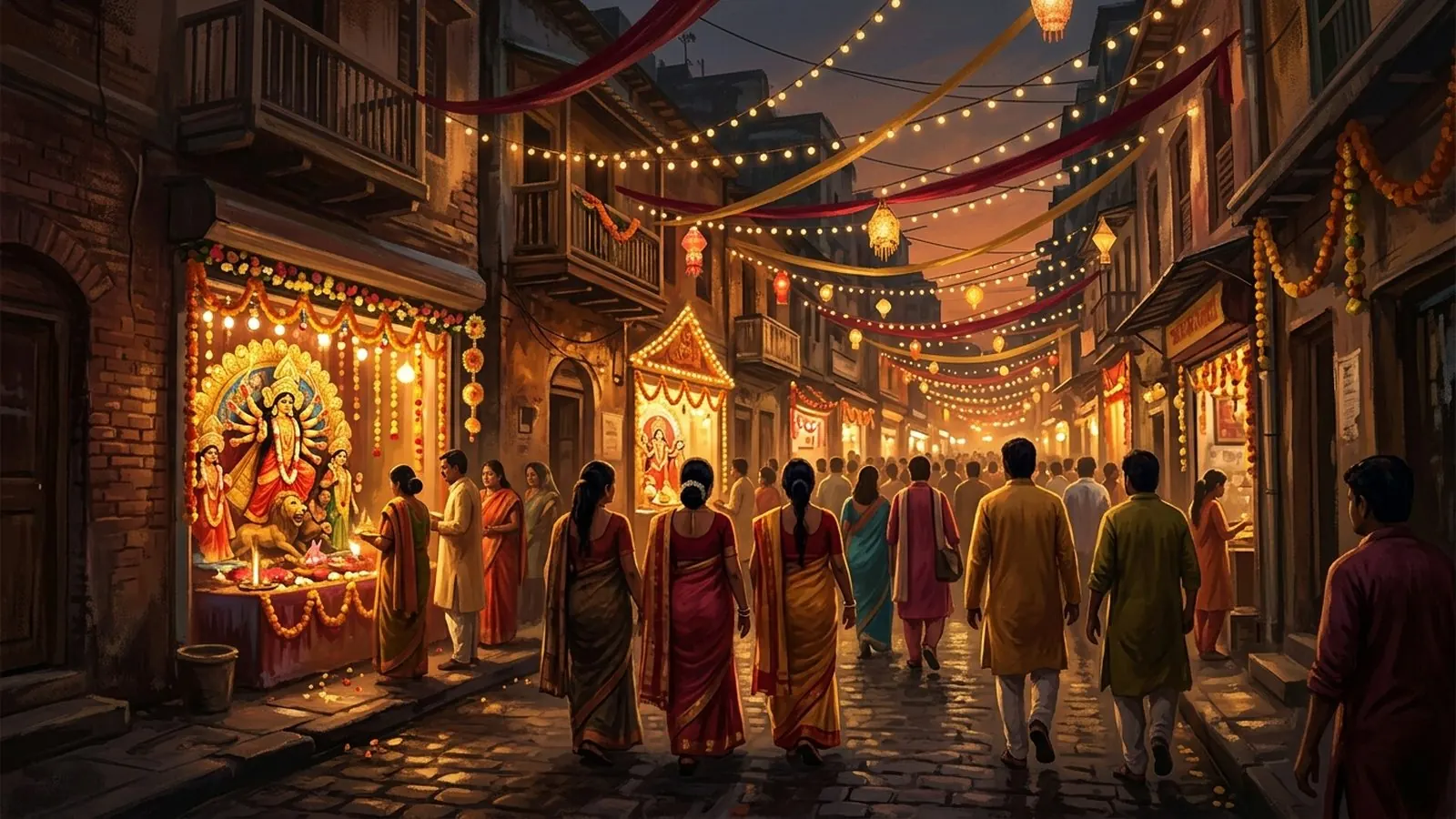 Illustration of people walking between lit pandals – walking routes on the Durga Puja pandal map 2026